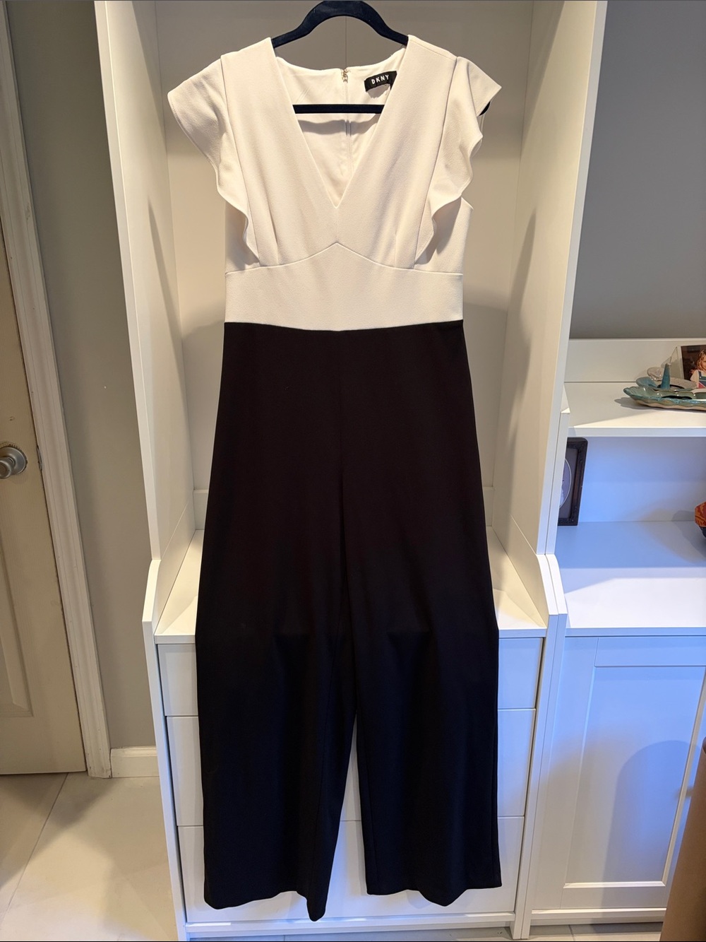 DKNY Two-Tone V-Neck Jumpsuit in White and Black